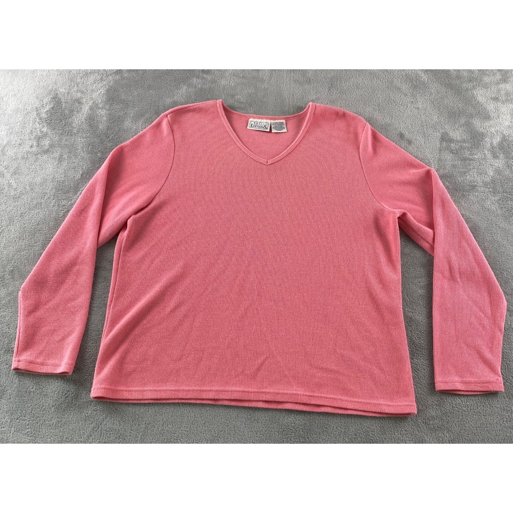 Basic Editions Womens XL Pink Ribbed V-Neck Shimmer Long Slv‎ Knit Top Pullover